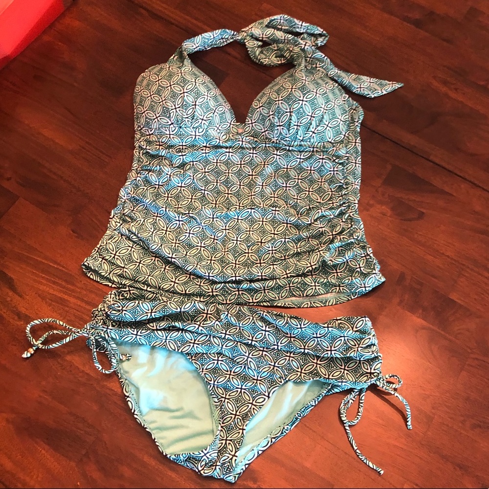 ANA Halter Tankini, Green & White, ruching